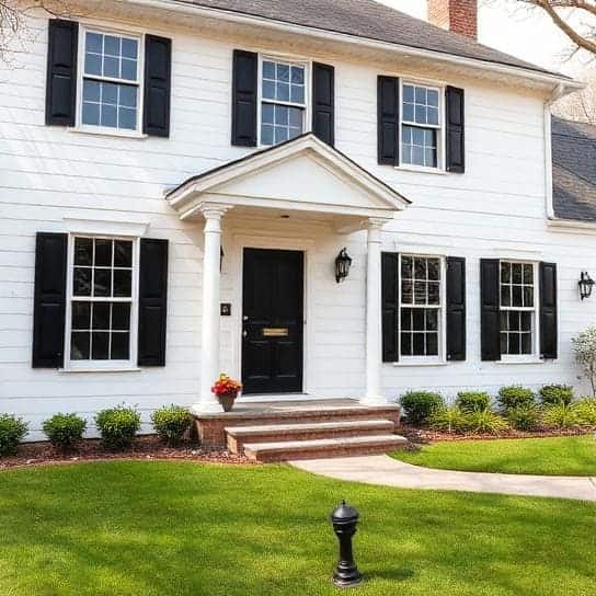 White home exterior with dark shutters