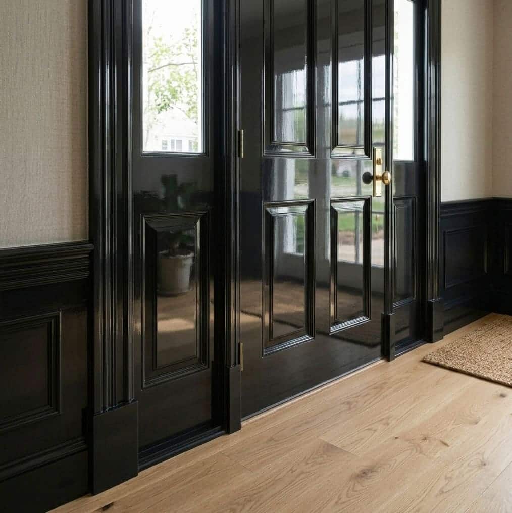 High gloss paint finish on door with reflective surface